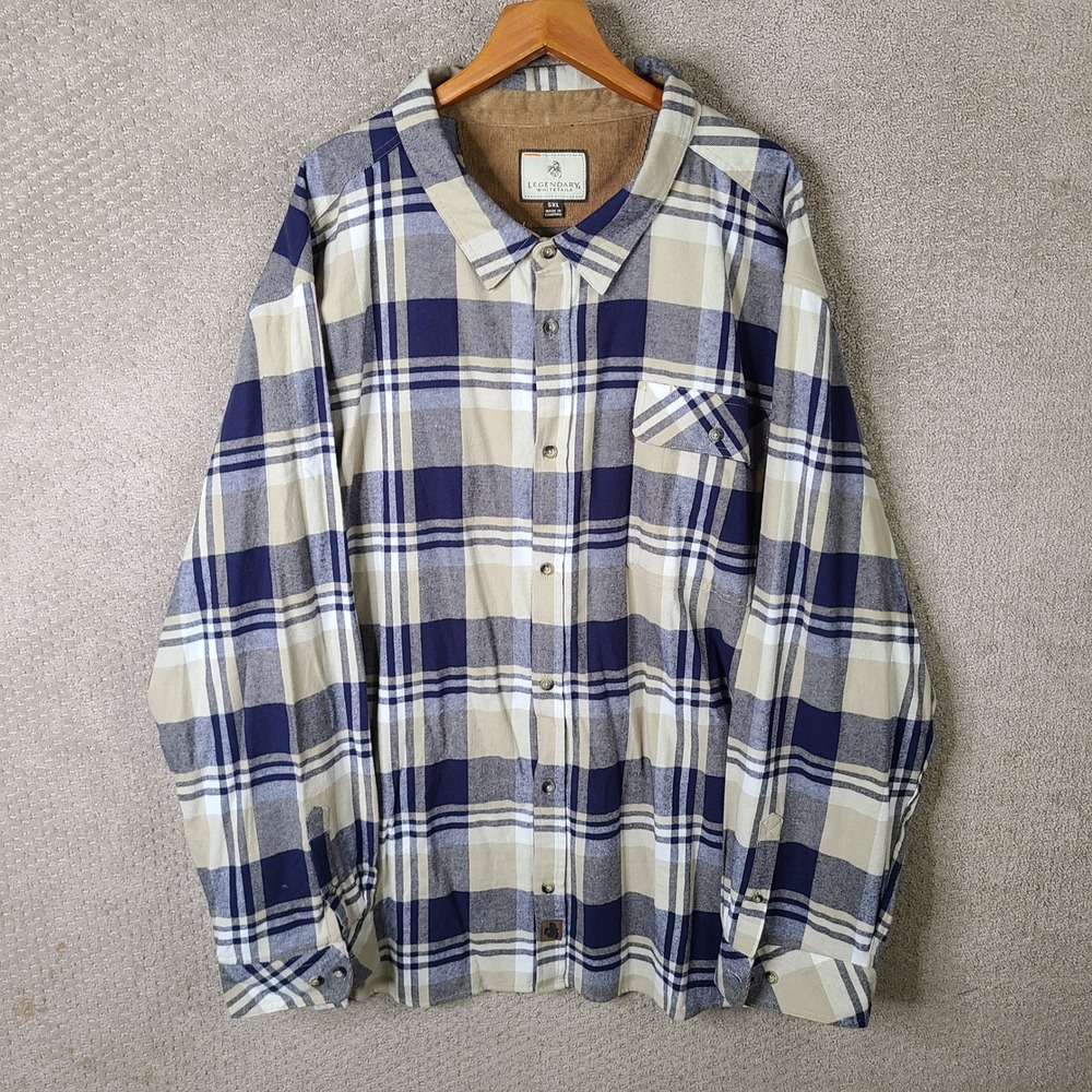 Legendary Whitetails Shirt Mens 5XL Blue Tan Plaid Flannel Button Down Cotton